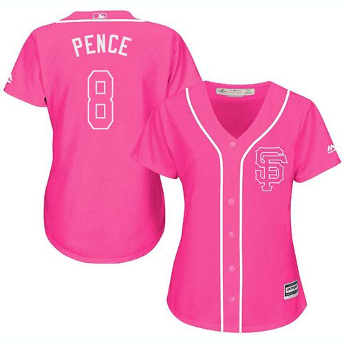 الاتحاد الروسي Giants #8 Hunter Pence White Pink Fashion Women's Stitched Baseball Jersey سكينورين كريم