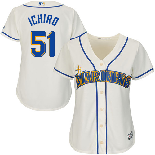 الرسم على الكوفي Mariners #51 Ichiro Suzuki Cream Alternate Women's Stitched Baseball Jersey عروض التقسيط